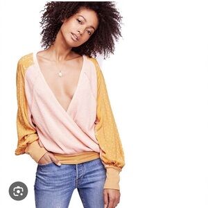 FREE PEOPLE yellow top balloon sleeve tie waist small